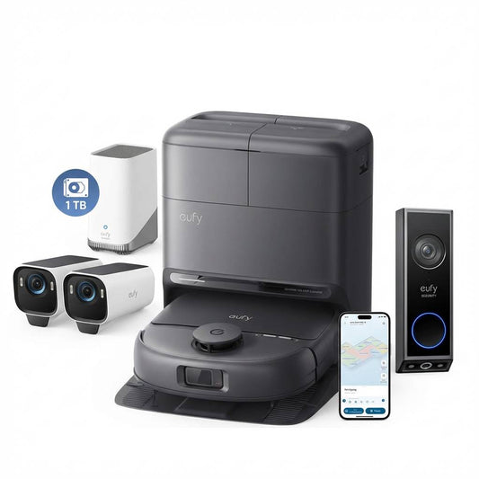 eufy Robot Vacuum Omni C28 + eufyCam S3 Pro 2-Cam Set + 1 TB Hard Drive + Video Doorbell E340